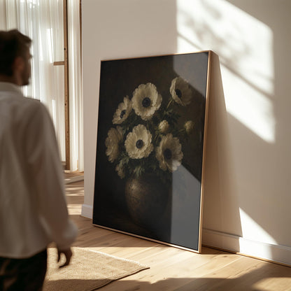 White anemones with dark centres in an earthen vase, canvas print seen in a warm interior with natural light