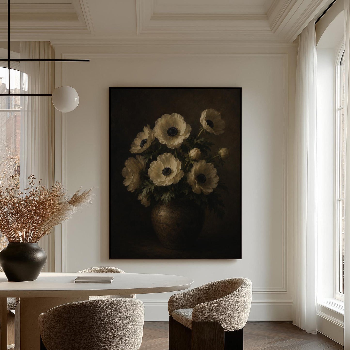 White anemones with dark centres in an earthen vase, canvas wall art styled against a soft white wall