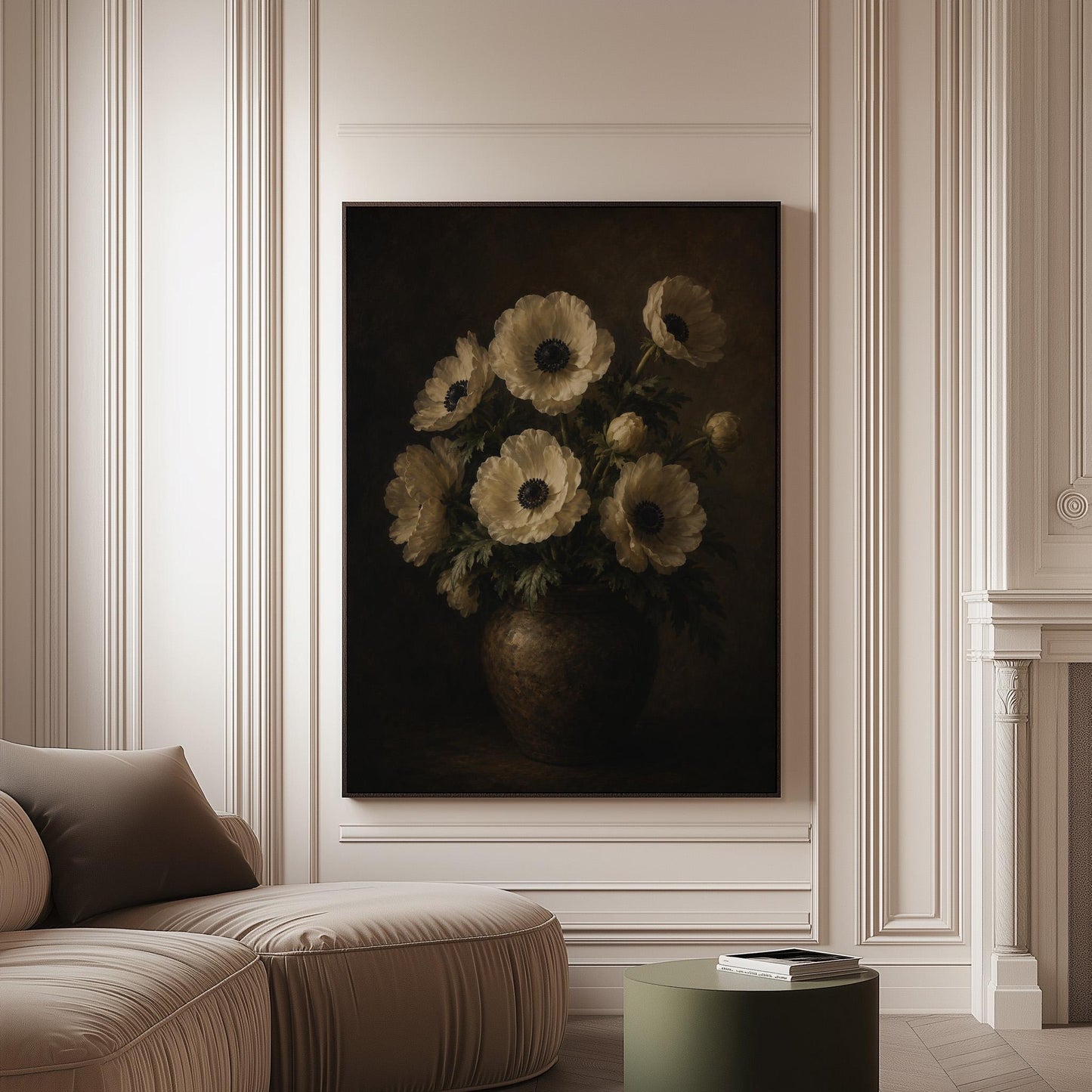 White anemones with dark centres in an earthen vase, canvas print on a softly lit wall in a calm interior