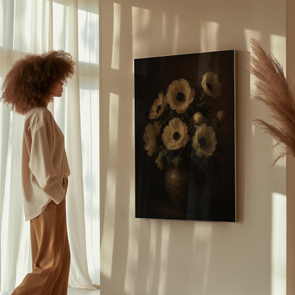 White anemones with dark centres in an earthen vase, canvas wall art presented in a light, minimal room