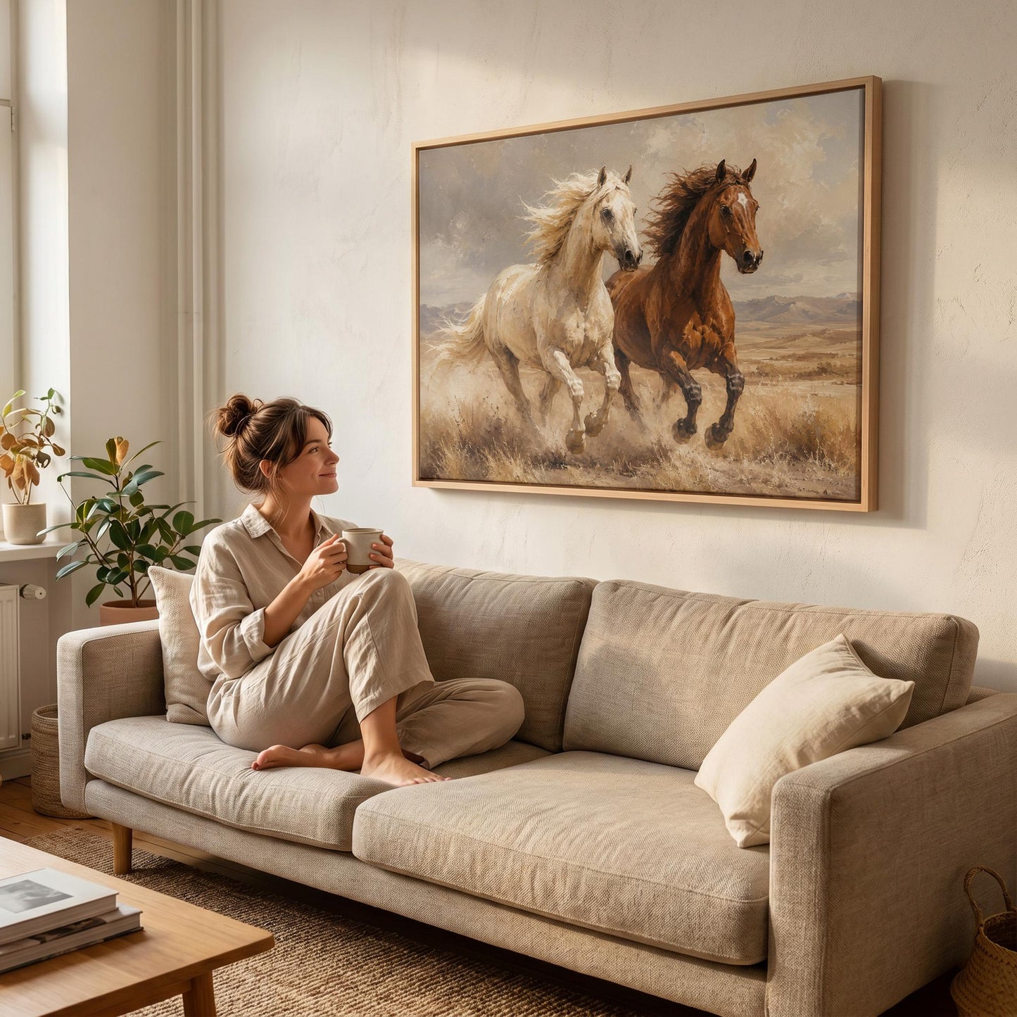 Two horses galloping side by side through golden prairie grass, canvas print styled against a soft white wall