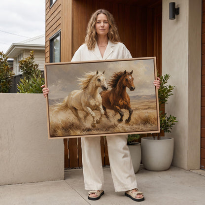 Two horses galloping side by side through golden prairie grass, canvas print shown in a sunlit, contemporary room