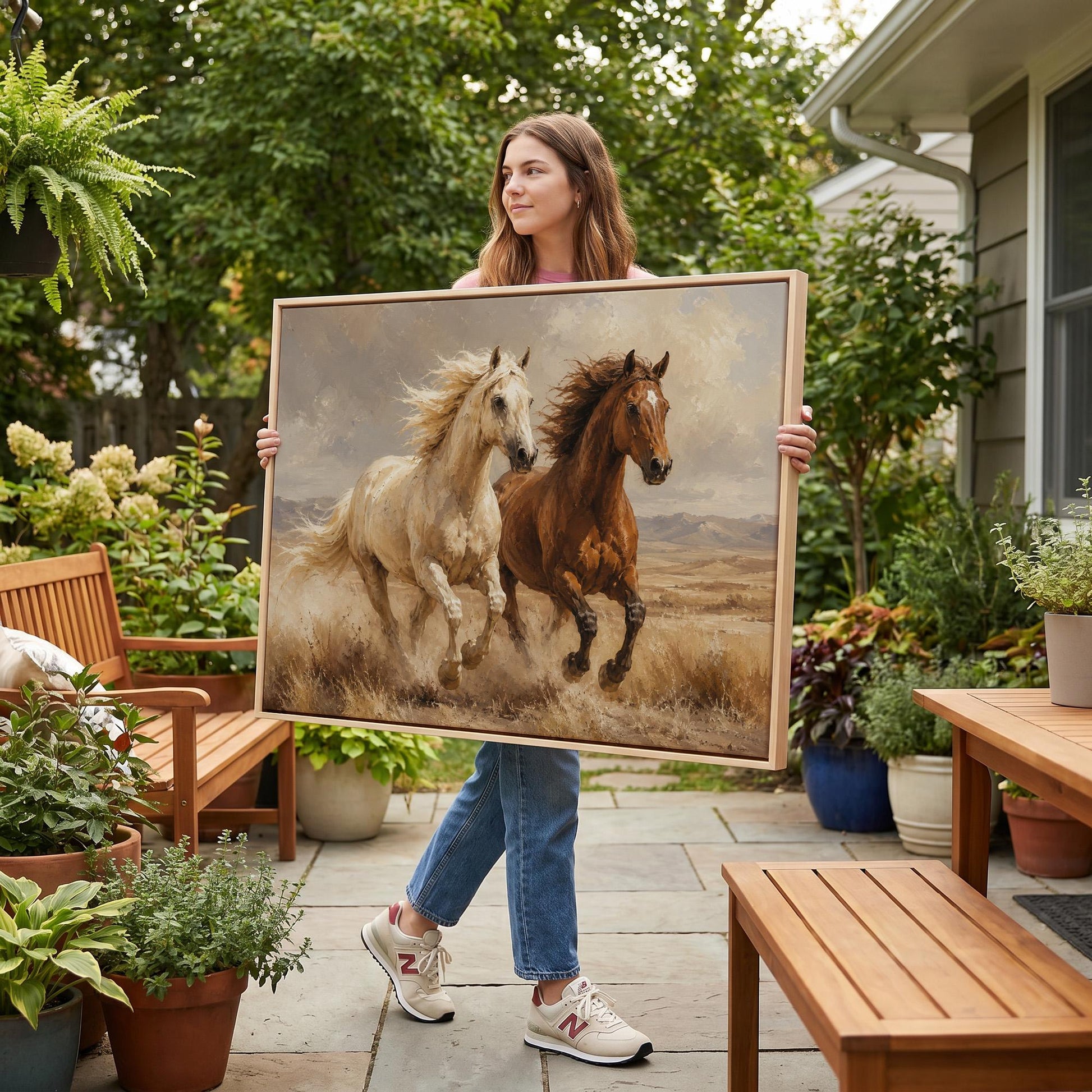 Two horses galloping side by side through golden prairie grass, canvas wall art hanging in a calm, modern living space