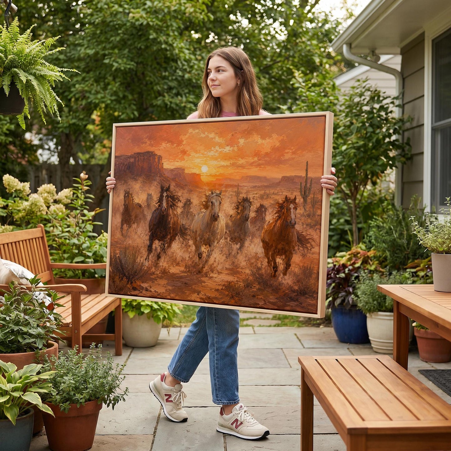 Herd of wild horses running through a desert at sunset, canvas print styled against a soft white wall
