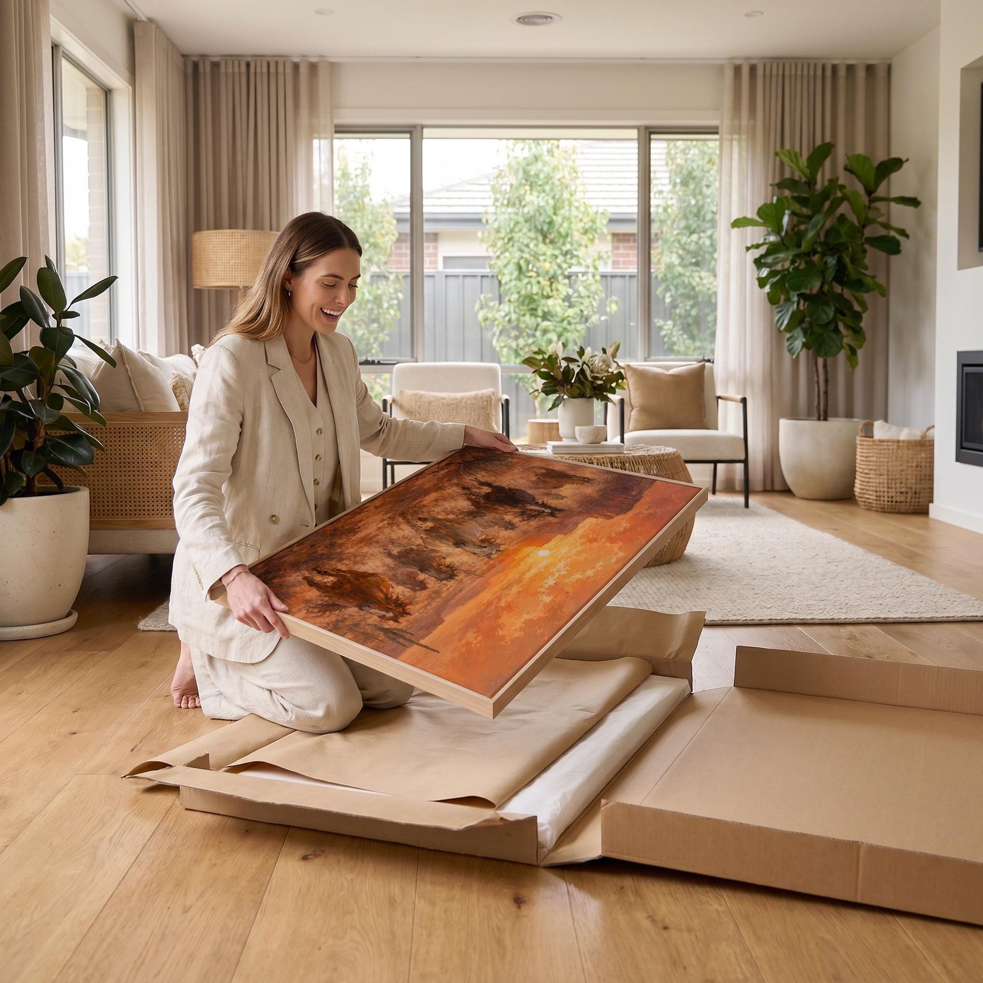 Herd of wild horses running through a desert at sunset, canvas print seen in a warm interior with natural light