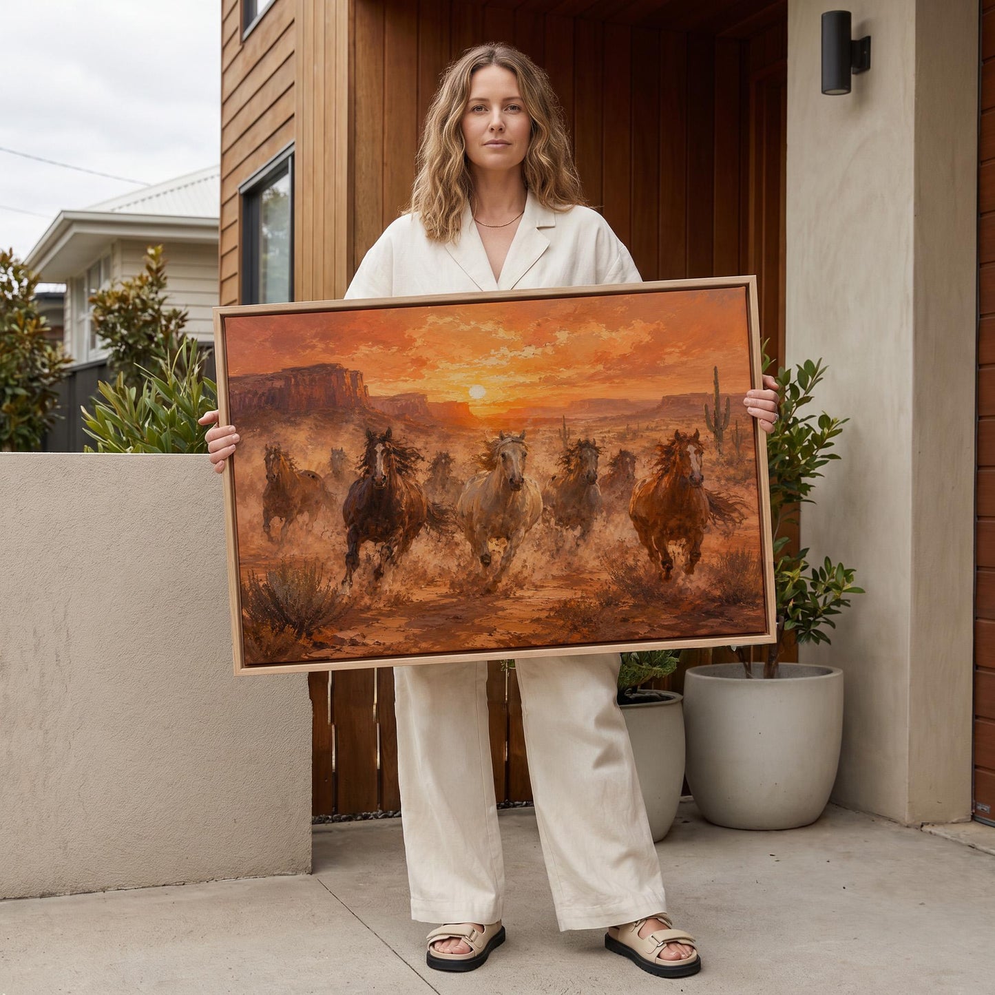 Herd of wild horses running through a desert at sunset, canvas print presented in a light, minimal room