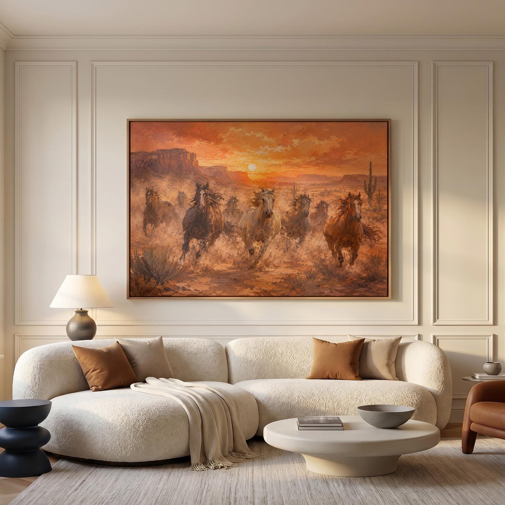 Herd of wild horses running through a desert at sunset, canvas wall art hanging in a calm, modern living space