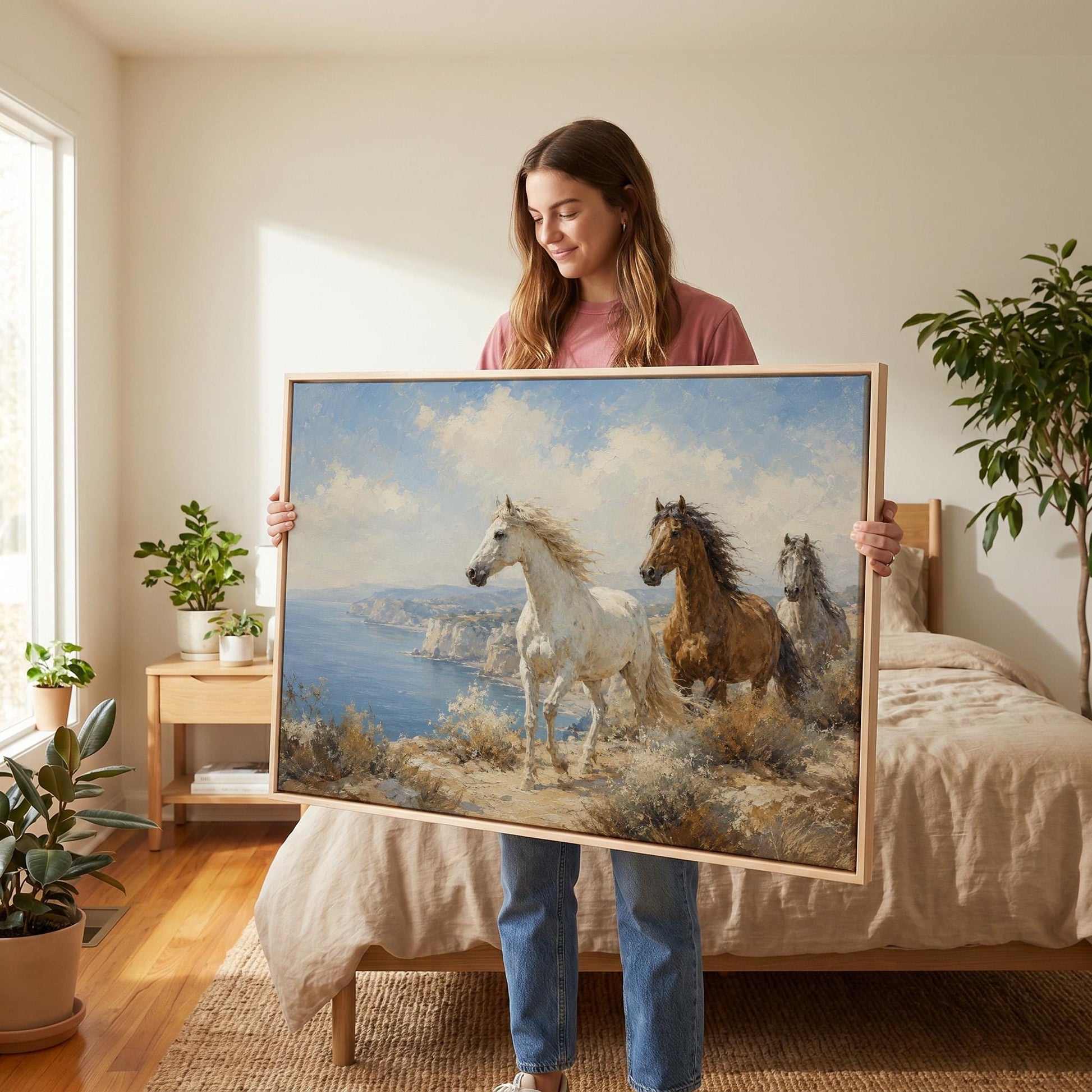 Three horses on a coastal bluff above a blue sea, canvas print presented in a light, minimal room