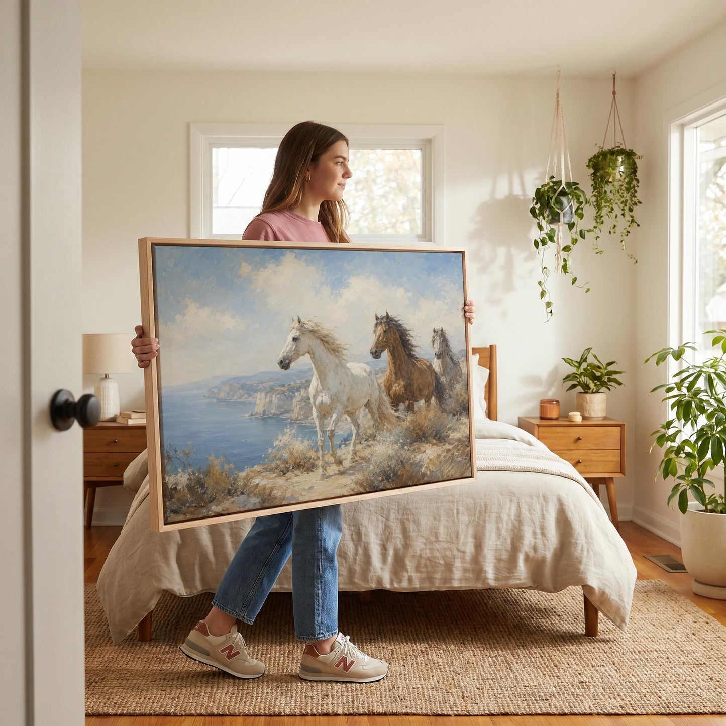 Three horses on a coastal bluff above a blue sea, canvas print shown to scale in a furnished room