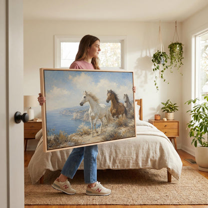 Three horses on a coastal bluff above a blue sea, canvas print shown to scale in a furnished room
