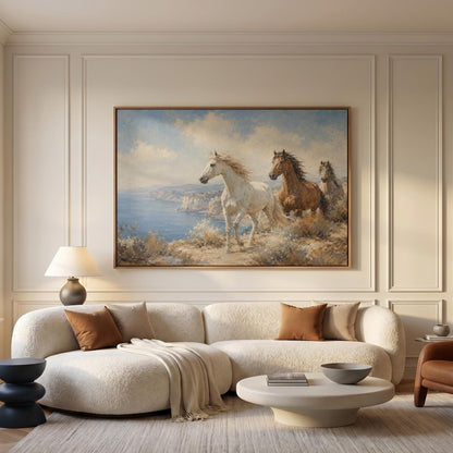 Three horses on a coastal bluff above a blue sea, canvas print displayed on a neutral wall in a styled interior