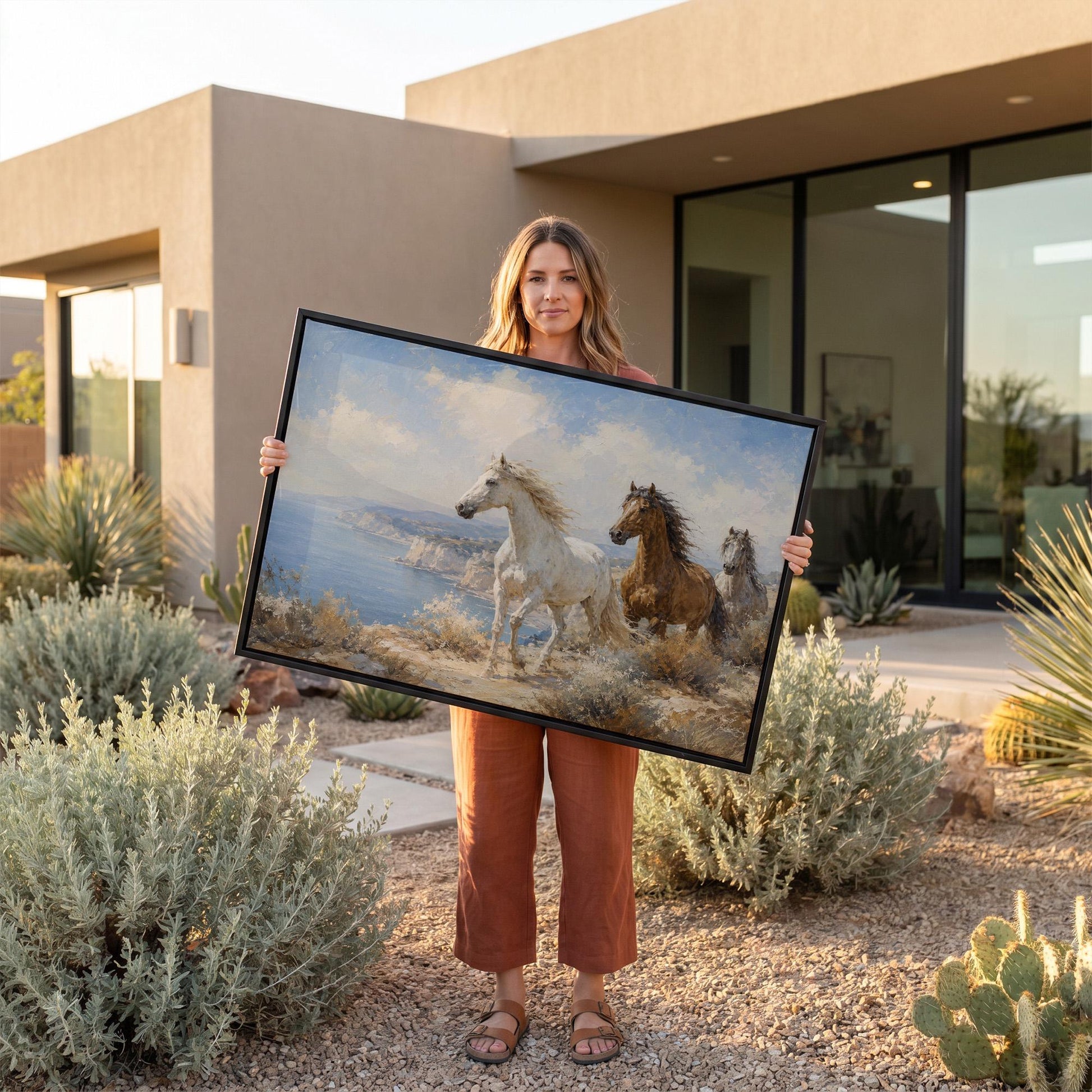 Three horses on a coastal bluff above a blue sea, canvas wall art styled against a soft white wall