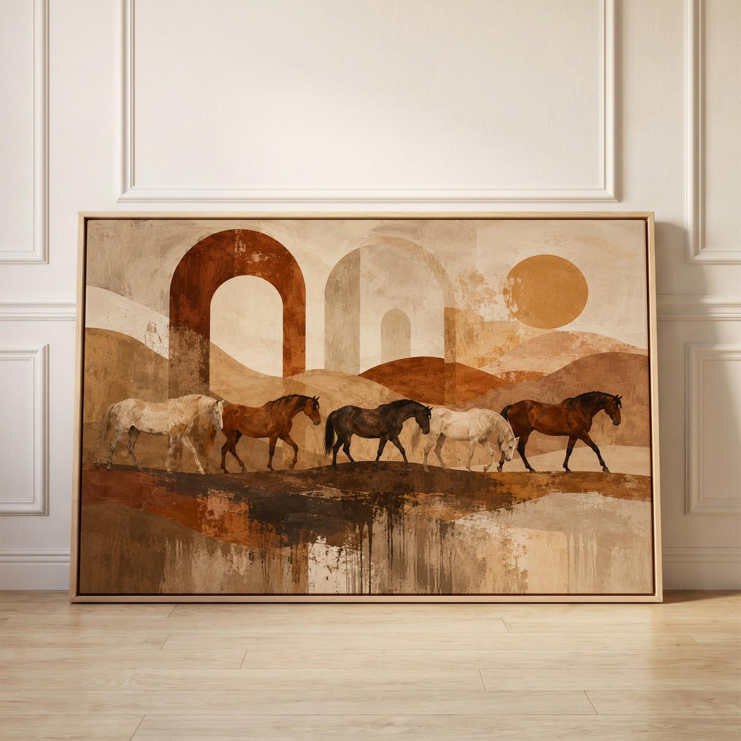Horses walking across abstract terracotta desert bands, canvas print held up against a sunlit bedroom wall
