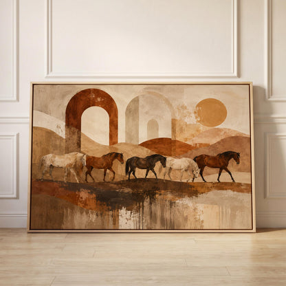 Horses walking across abstract terracotta desert bands, canvas print held up against a sunlit bedroom wall