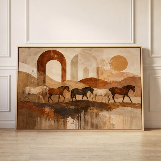 Horses walking across abstract terracotta desert bands, canvas print held up against a sunlit bedroom wall