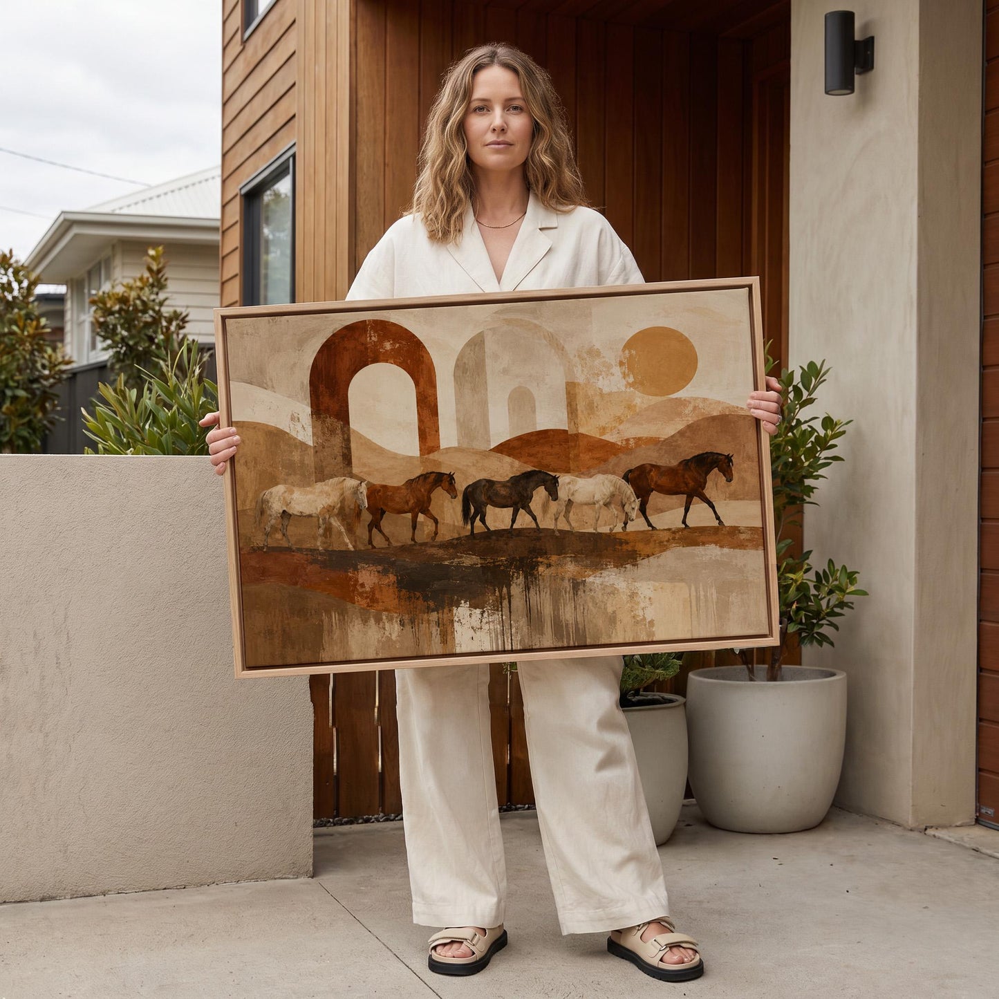 Horses walking across abstract terracotta desert bands, canvas print seen in a warm interior with natural light