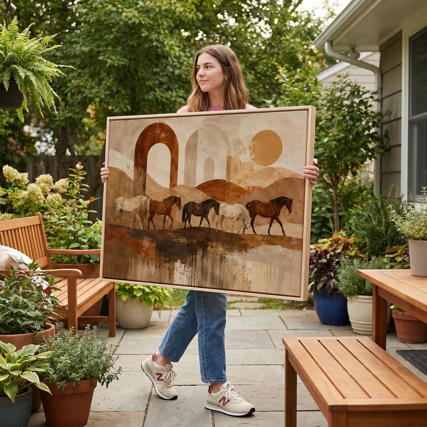 Horses walking across abstract terracotta desert bands, canvas print displayed on a neutral wall in a styled interior