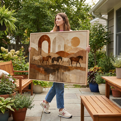 Horses walking across abstract terracotta desert bands, canvas print displayed on a neutral wall in a styled interior