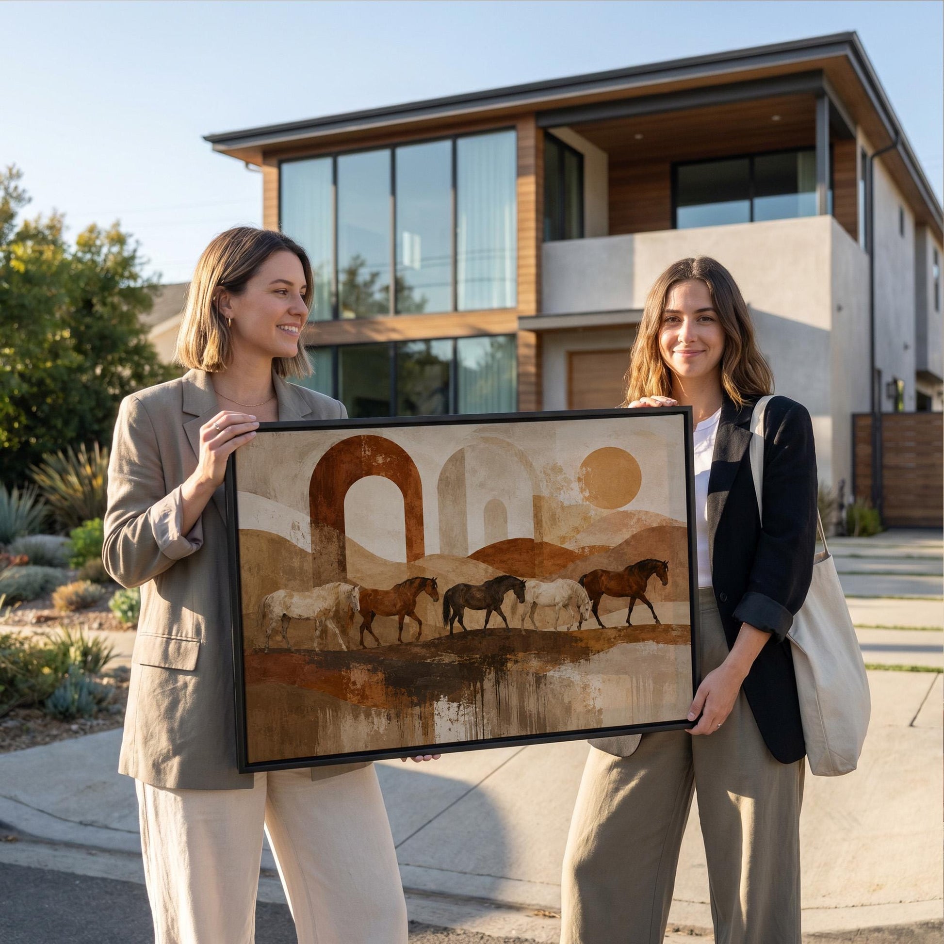 Horses walking across abstract terracotta desert bands, canvas print shown in a sunlit, contemporary room