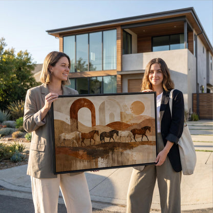 Horses walking across abstract terracotta desert bands, canvas print shown in a sunlit, contemporary room