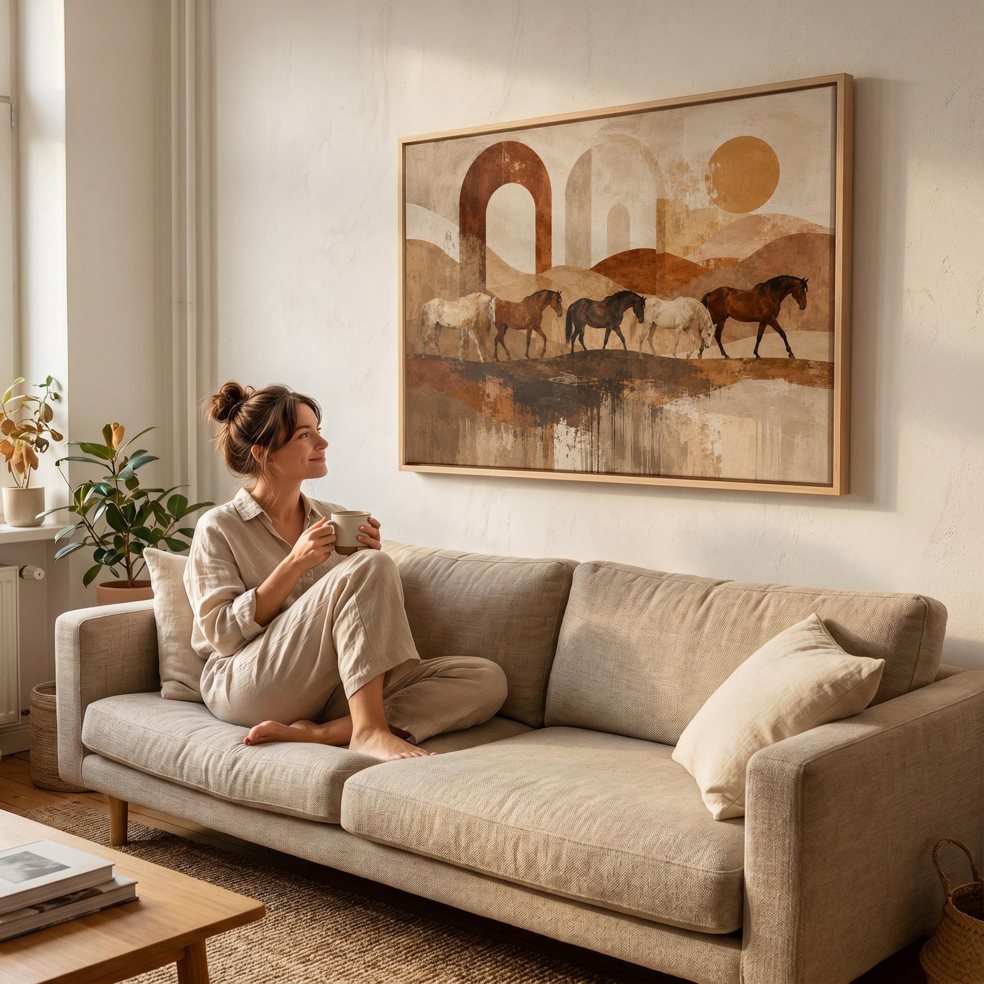 Horses walking across abstract terracotta desert bands, canvas wall art styled against a soft white wall