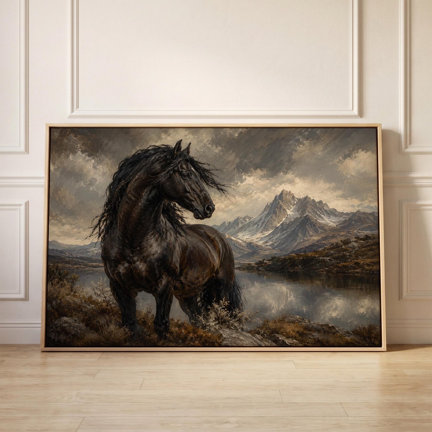 Black Friesian horse by a mountain lake under storm light, canvas print held up against a sunlit bedroom wall