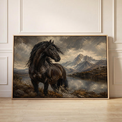 Black Friesian horse by a mountain lake under storm light, canvas print held up against a sunlit bedroom wall