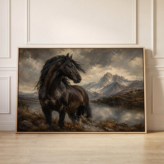 Black Friesian horse by a mountain lake under storm light, canvas print held up against a sunlit bedroom wall