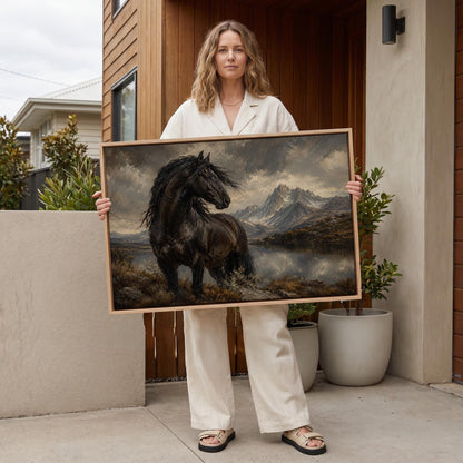 Black Friesian horse by a mountain lake under storm light, canvas print on a quiet wall in a considered interior