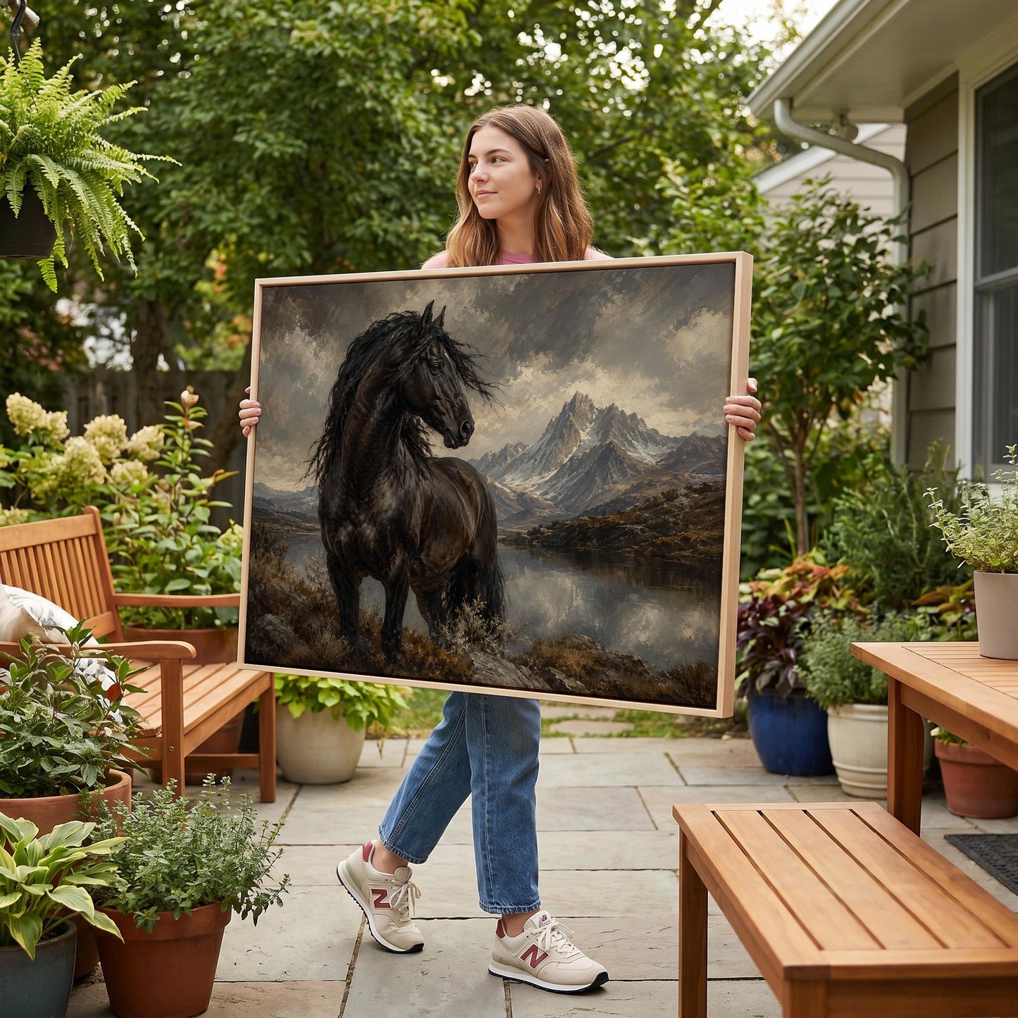 Black Friesian horse by a mountain lake under storm light, canvas print displayed on a neutral wall in a styled interior