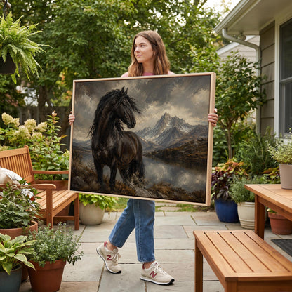 Black Friesian horse by a mountain lake under storm light, canvas print displayed on a neutral wall in a styled interior