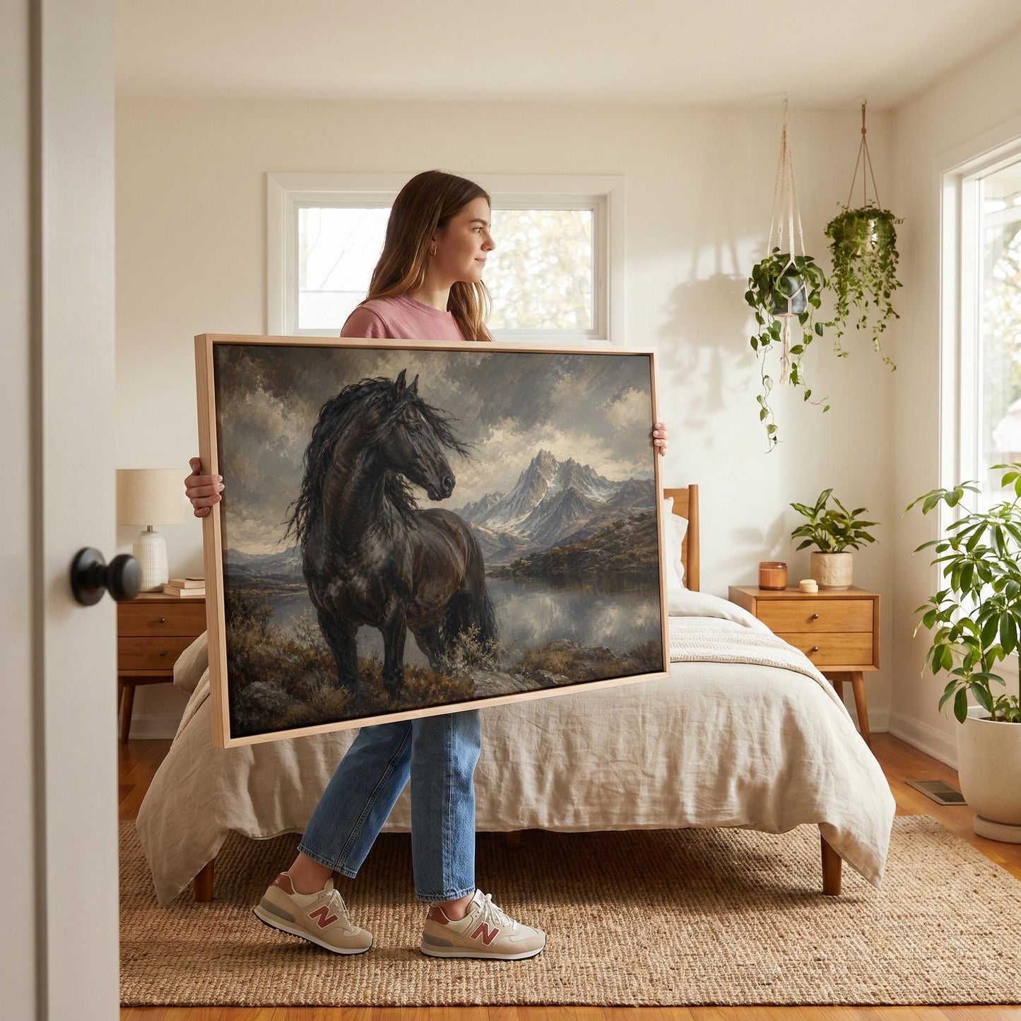 Black Friesian horse by a mountain lake under storm light, canvas wall art hanging in a calm, modern living space