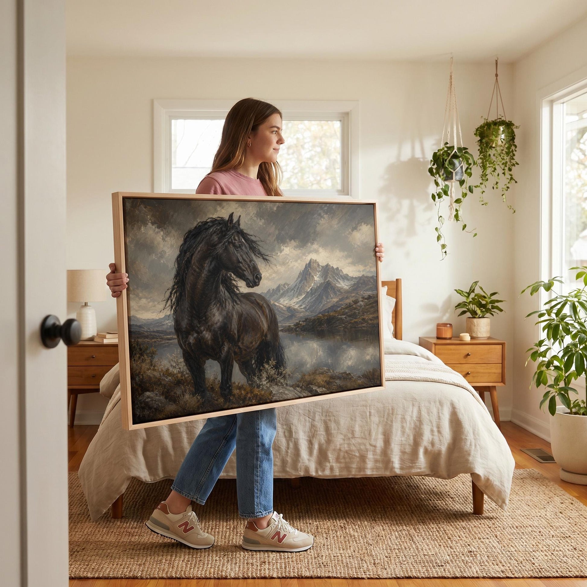 Black Friesian horse by a mountain lake under storm light, canvas wall art hanging in a calm, modern living space
