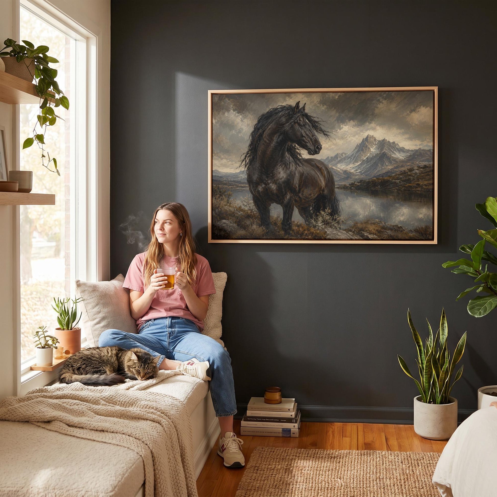Black Friesian horse by a mountain lake under storm light, canvas wall art seen in a warm interior with natural light