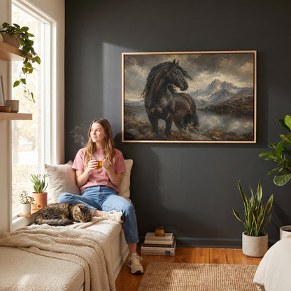 Black Friesian horse by a mountain lake under storm light, canvas wall art seen in a warm interior with natural light