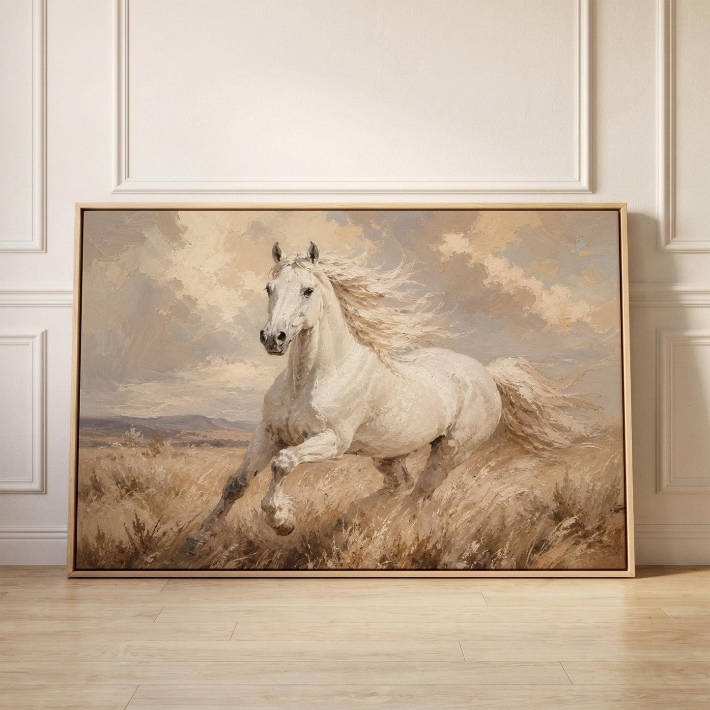 White stallion galloping through pale grassland, canvas print held up against a sunlit bedroom wall