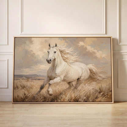 White stallion galloping through pale grassland, canvas print held up against a sunlit bedroom wall