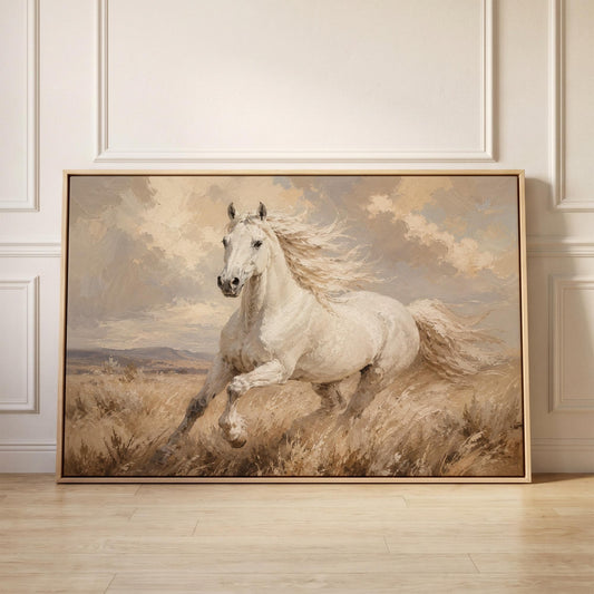 White stallion galloping through pale grassland, canvas print held up against a sunlit bedroom wall