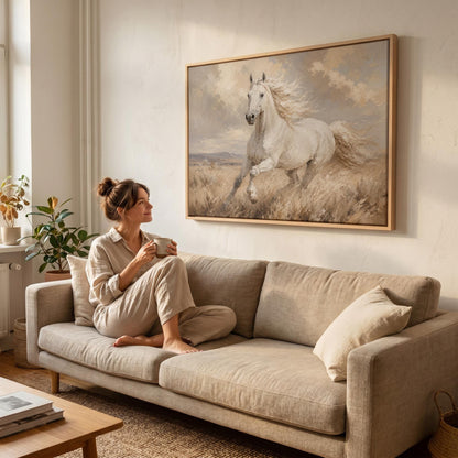 White stallion galloping through pale grassland, canvas print seen in a warm interior with natural light
