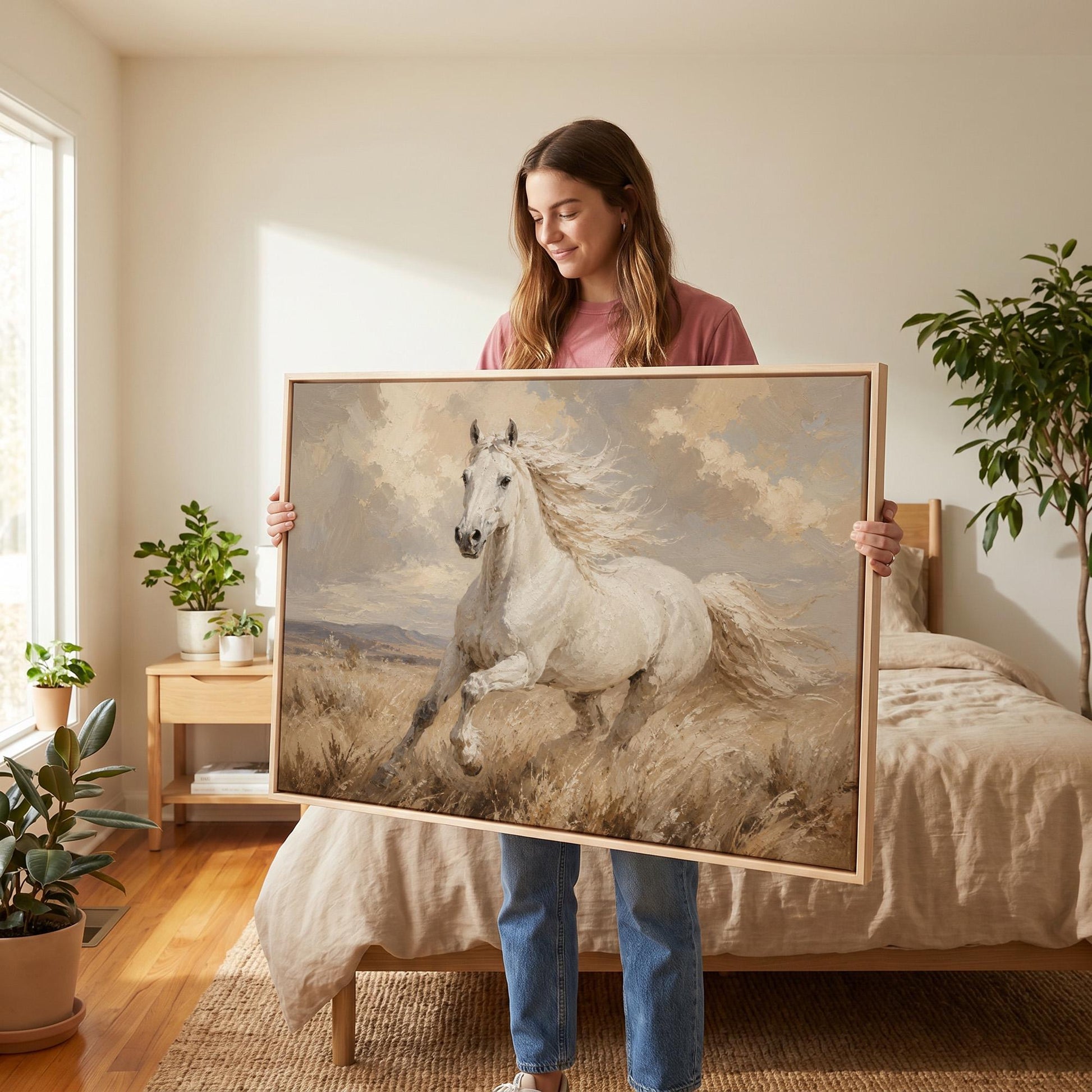 White stallion galloping through pale grassland, canvas wall art seen in a warm interior with natural light