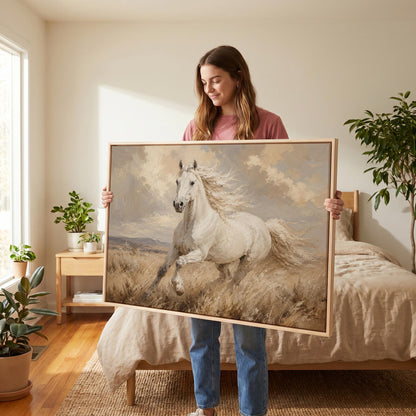 White stallion galloping through pale grassland, canvas wall art seen in a warm interior with natural light