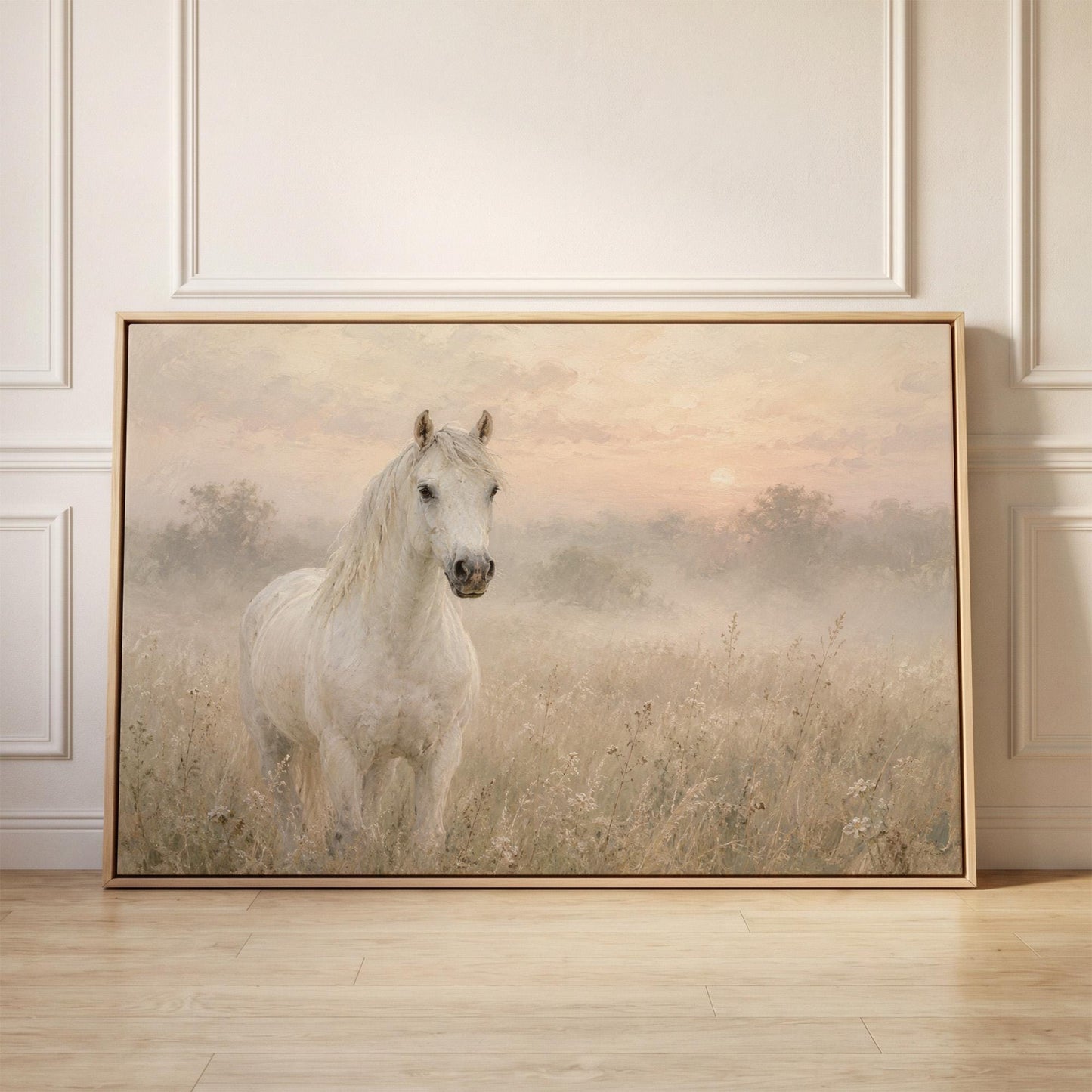 White horse standing in a misty meadow at dawn, canvas print held up against a sunlit bedroom wall
