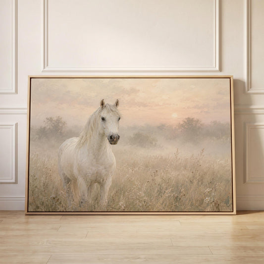 White horse standing in a misty meadow at dawn, canvas print held up against a sunlit bedroom wall