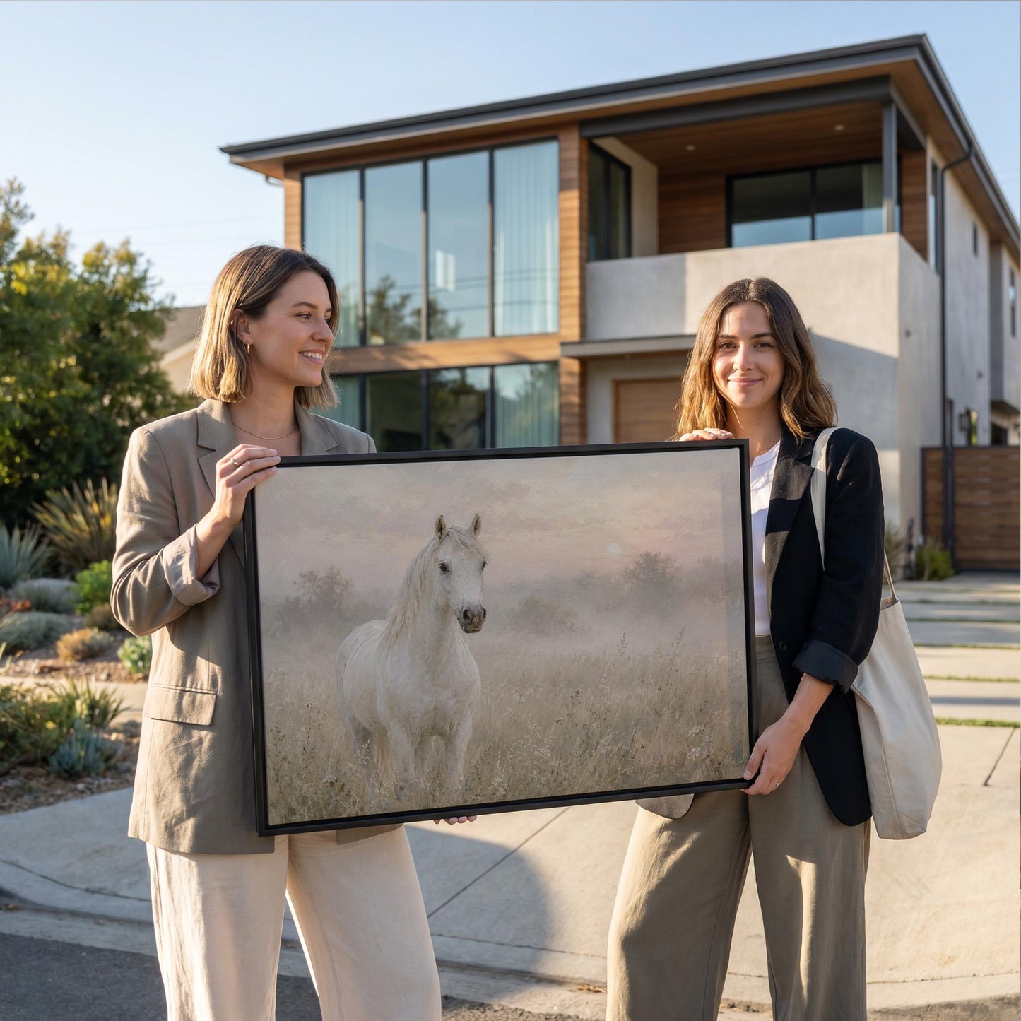 White horse standing in a misty meadow at dawn, canvas print styled against a soft white wall