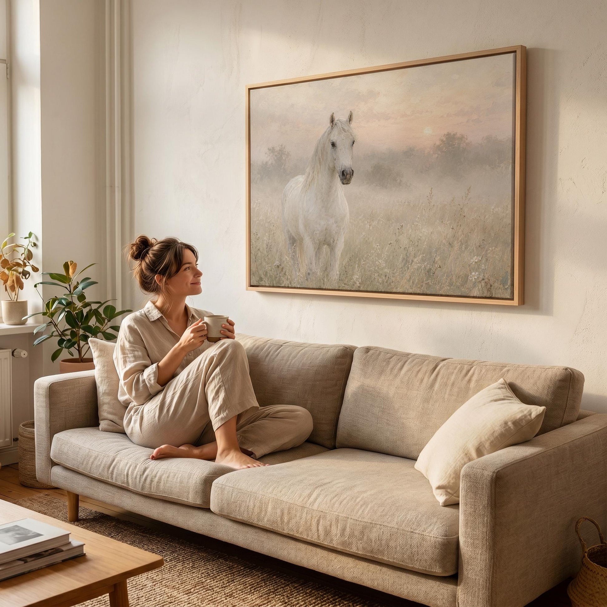 White horse standing in a misty meadow at dawn, canvas print seen in a warm interior with natural light