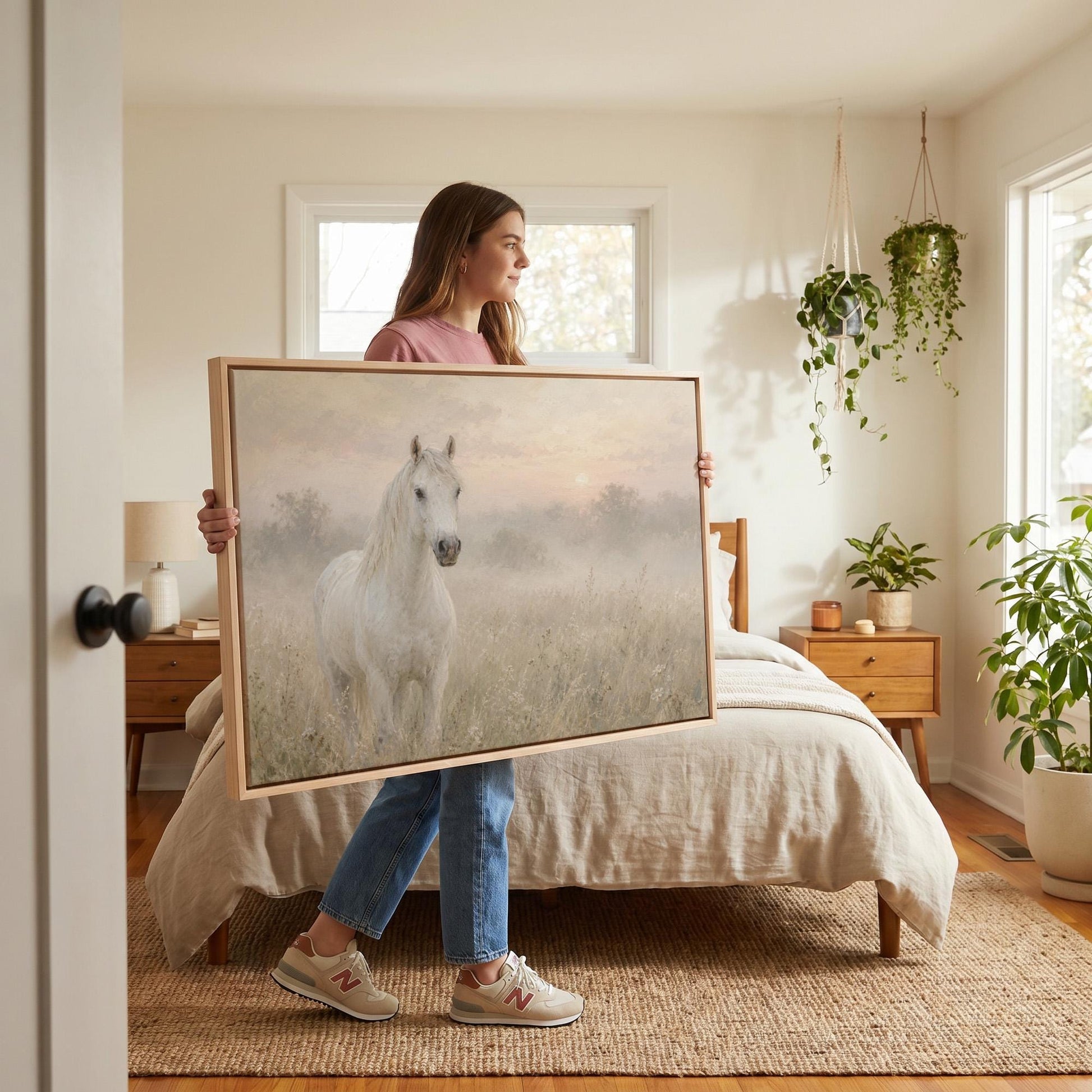 White horse standing in a misty meadow at dawn, canvas print on a quiet wall in a considered interior