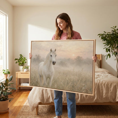 White horse standing in a misty meadow at dawn, canvas wall art styled against a soft white wall