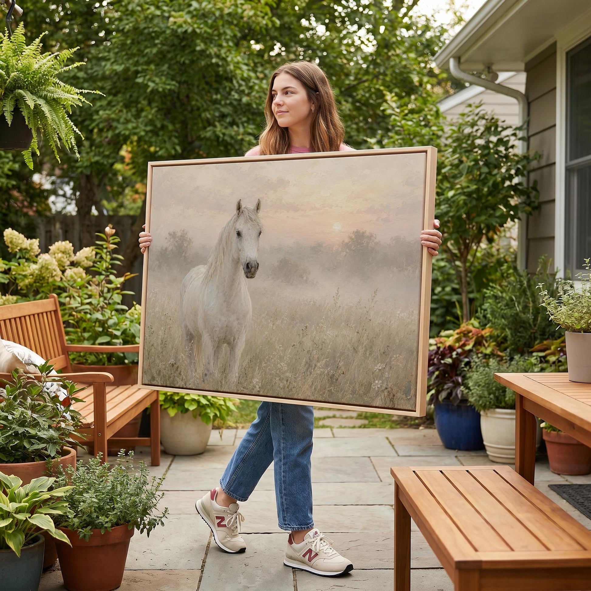 White horse standing in a misty meadow at dawn, canvas wall art seen in a warm interior with natural light