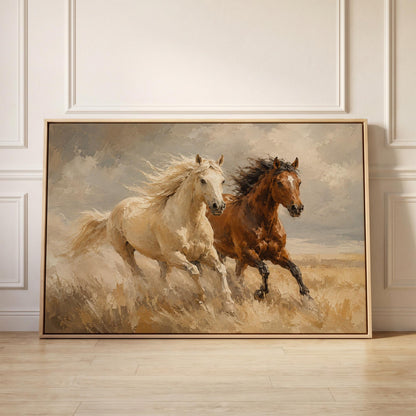 Palomino and bay horses galloping through dry grassland, canvas print held up against a sunlit bedroom wall