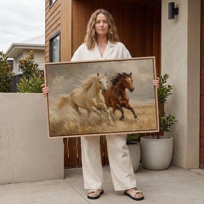 Palomino and bay horses galloping through dry grassland, canvas print hanging in a calm, modern living space